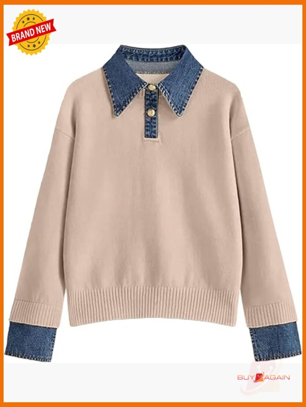 Oversized Denim Collar Pullover Sweater Cable Knit Long Sleeve